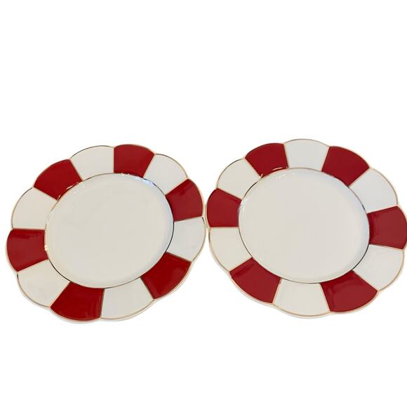 Grace Teaware Porcelain Salad Plate 8in Red & White Stripe Gold Trim Set 2 New - Picture 15 of 16